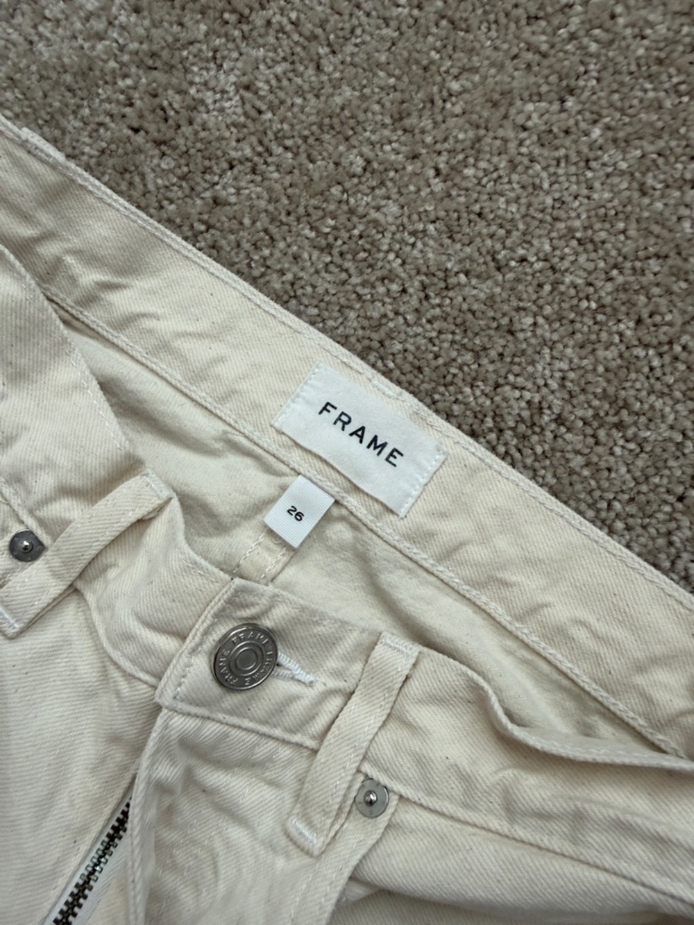 Frame High Rise Baggy Pocket Jean in Parchment Cream Carpenter Cargo Pants - Picture 7 of 13